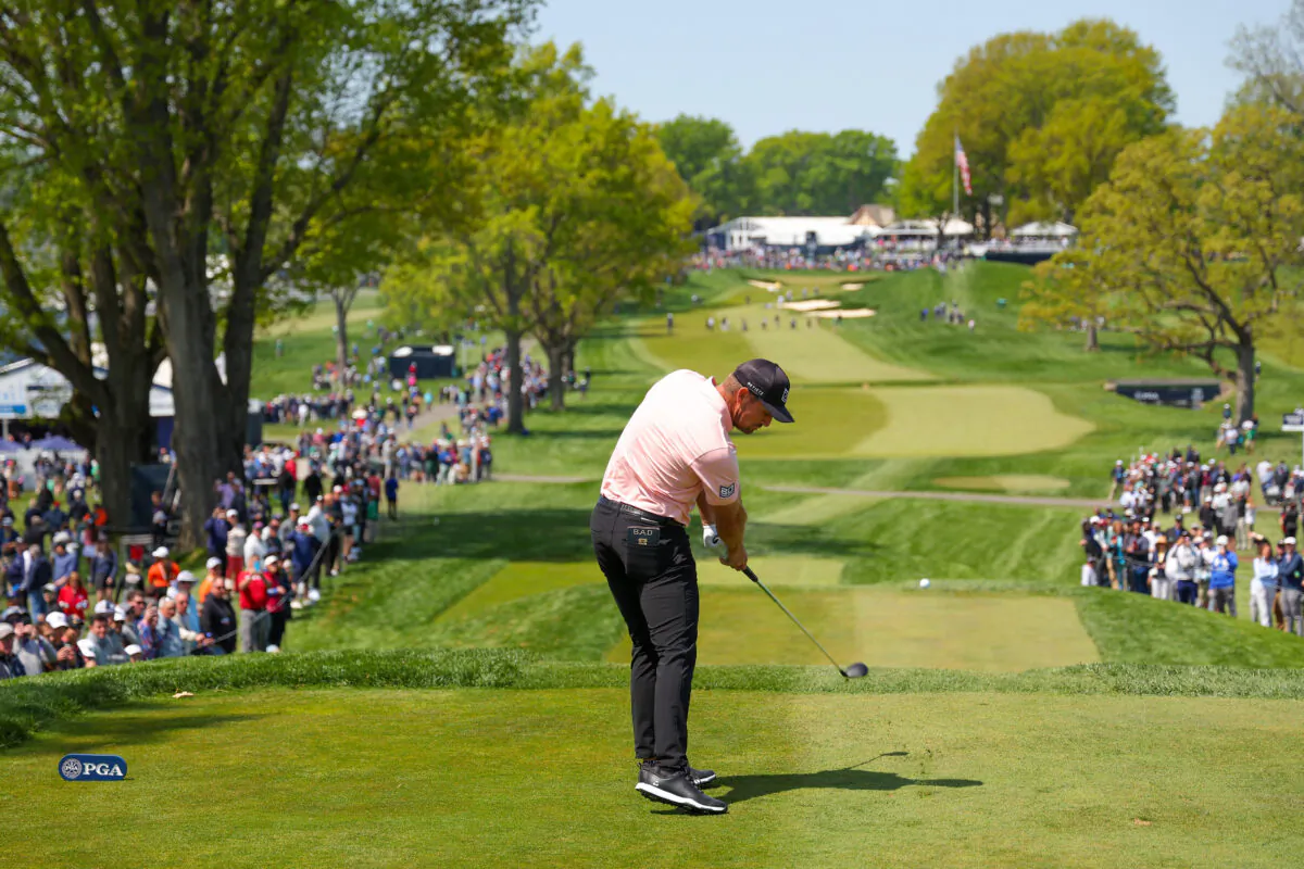 Bryson DeChambeau of the United States plays his shot from the 13th tee during the first round of the 2023 PGA Championship at Oak Hill Country Club in Rochester, N.Y., on May 18, 2023. (Kevin C. Cox/Getty Images)