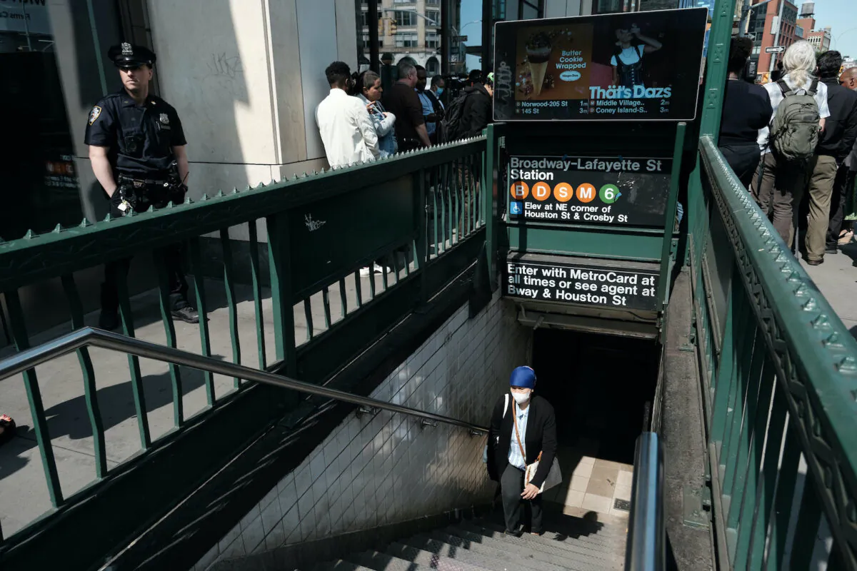 Police stand outside the Broadway-Lafayette subway station where Jordan Neely was fatally choked by a fellow passenger a week ago on May 10, 2023, in New York City. (Spencer Platt/Getty Images)