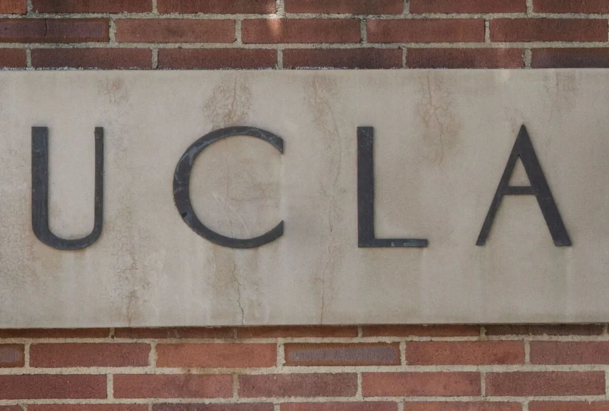 A campus sign of UCLA in Westwood, Calif., on March 6, 2020. (Mark Ralston/AFP via Getty Images)