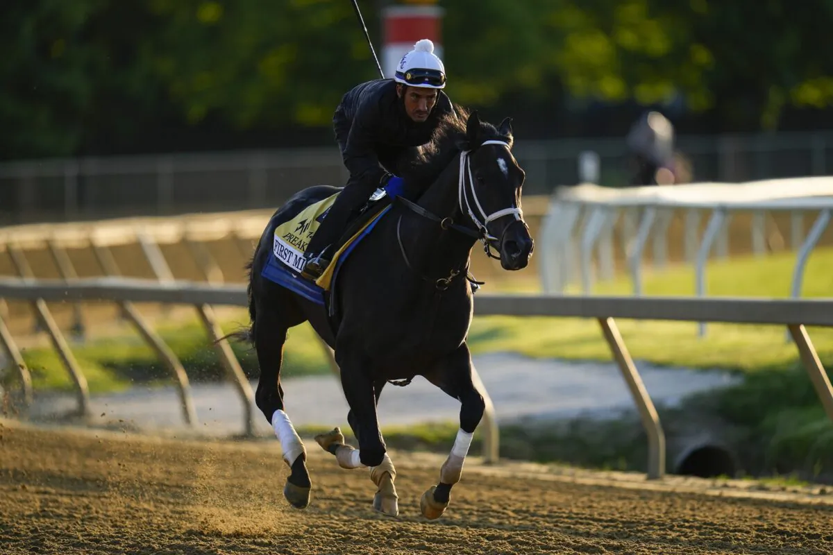 Preakness Stakes entrant First Mission works out ahead of the 148th running of the Preakness Stakes horse race at Pimlico Race Course in Baltimore on May 18, 2023. (Julio Cortez/AP Photo)