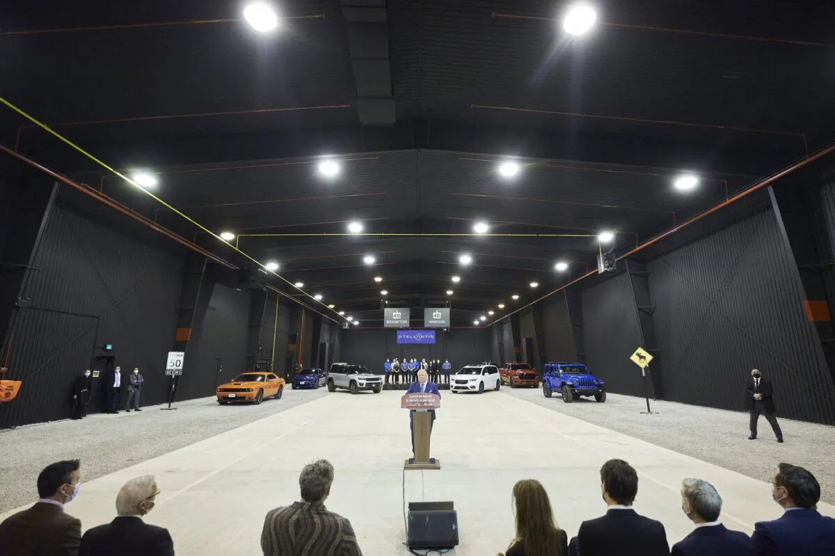 Ontario Premier Doug Ford speaks during a press conference at the Stellantis Automotive Research and Development Centre in Windsor, Ont. on May 2, 2022. (The Canadian Press/ Geoff Robins)
