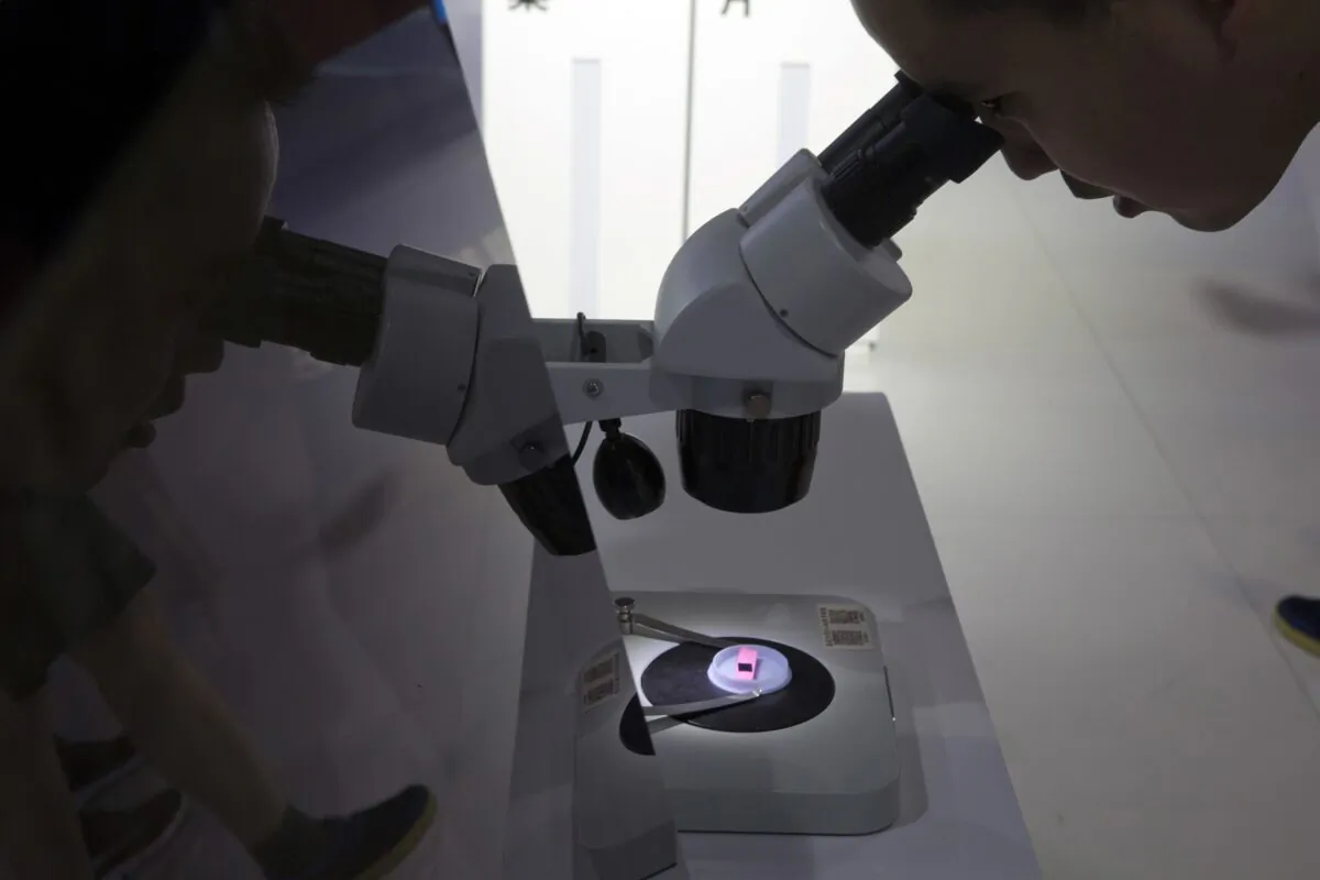 A visitor to the 21st China Beijing International High-Tech Expo looks at a computer chip through a microscope displayed by the state-controlled Tsinghua Unigroup project in Beijing on May 17, 2018. (Ng Han Guan/AP Photo)