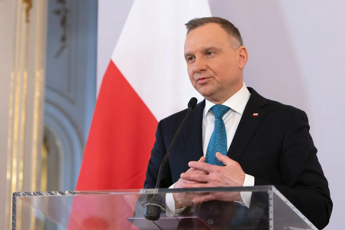Polish President Andrzej Duda attends a joint press conference with the Austrian President during an official visit in Vienna on April 14, 2023. (Alex Halada/AFP via Getty Images)