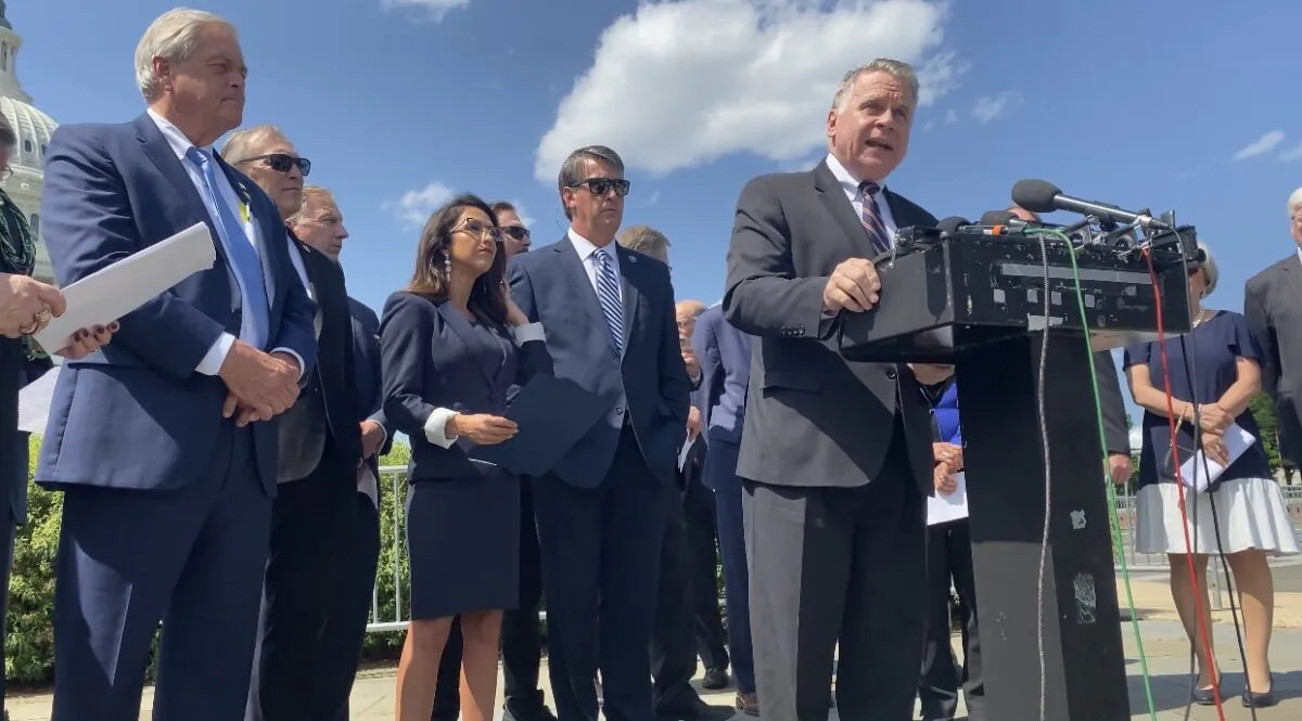Republican speakers express their opposition to ongoing treaty negotiations with the World Health Organization in the House Triangle in Washington on May 17, 2023. (Joseph Lord/The Epoch Times)