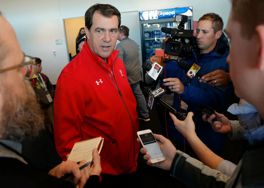 New athletic director at the University of Southern California Mike Bohn speaks to members of the media before the game between the Cincinnati Bearcats and UCONN Huskies at Nippert Stadium in Cincinnati, Ohio, on Nov. 9, 2019. (Michael Hickey/Getty Images)