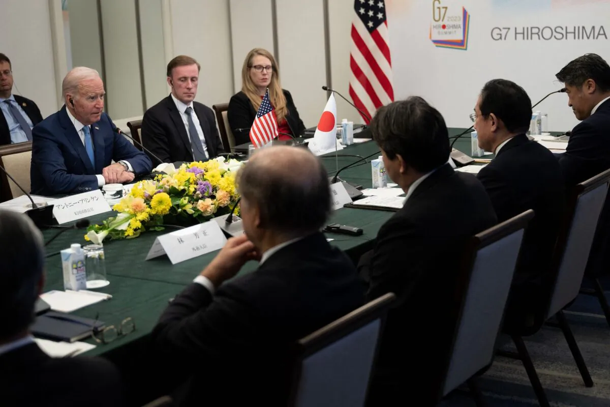 U.S. national security adviser Jake Sullivan (back C), Japan's Prime Minister Fumio Kishida (2nd L), and others listen to President Joe Biden during a bilateral meeting in Hiroshima on May 18, 2023. (Brendan Smialowski/AFP via Getty Images)