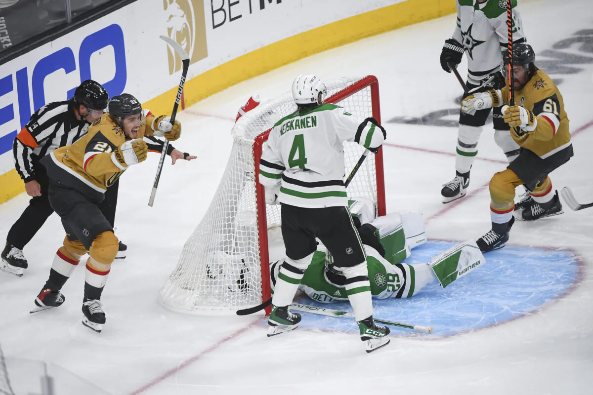 Vegas Golden Knights center Brett Howden (21) celebrates after scoring against Dallas Stars goaltender Jake Oettinger (29) in overtime during Game 1 of the NHL hockey Stanley Cup Western Conference finals in Las Vegas on May 19, 2023. (Sam Morris/AP Photo)