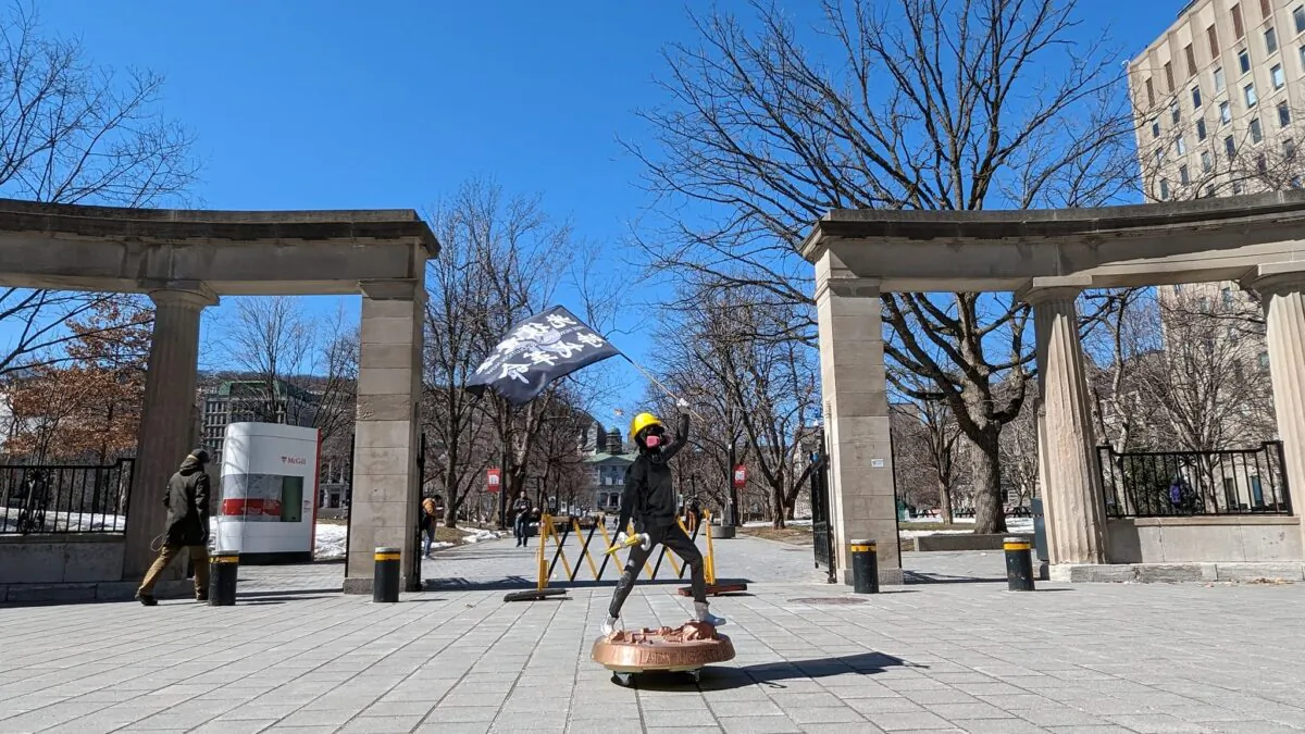 The Lady Liberty Statue of Hong Kong is showcased outside McGill University in Montreal on April 4, 2023. Parkie Li and his wife, Angel, took the statue on a cross-country trip for their honeymoon in a gesture of solidarity with Hong Kongers and to support the democracy movement there. (Courtesy of Parkie Li)