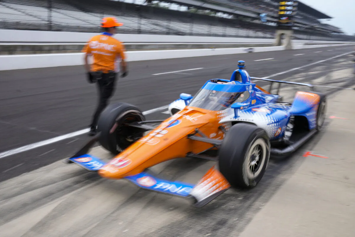 Scott Dixon, of New Zealand, drives out of the pit area during practice for the Indianapolis 500 auto race at Indianapolis Motor Speedway in Indianapolis on May 19, 2023. (Michael Conroy/AP Photo)