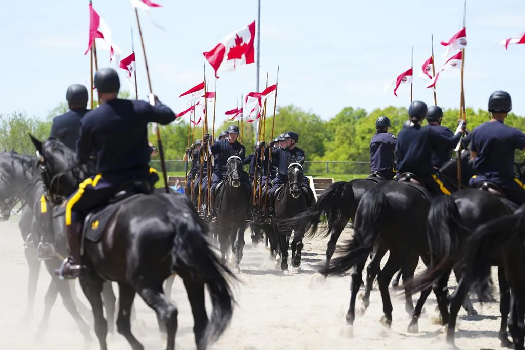 The RCMP Musical Ride troop practices at in Ottawa on May 17, 2023. (The Canadian Press/Sean Kilpatrick)