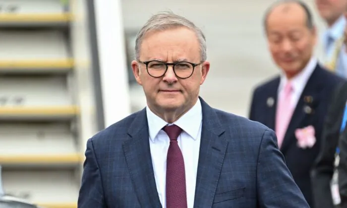 Australia's Prime Minister Anthony Albanese arrives at Hiroshima airport in Mihara, Hiroshima prefecture on May 19, 2023, to attend the first day of the G7 Leaders' Summit. (Philip Fong/AFP via Getty Images)