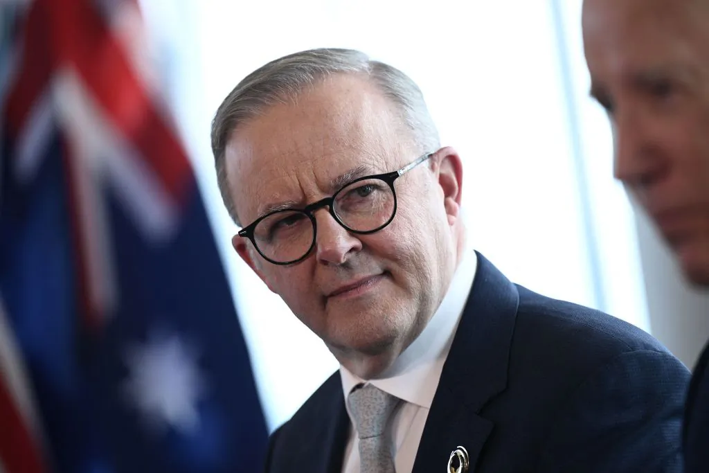 Australia's Prime Minister Anthony Albanese attends a bilateral meeting with U.S. President Joe Biden as part of the G7 Leaders' Summit in Hiroshima, Japan, on May 20, 2023. (Brendan Smialowski/AFP via Getty Images)