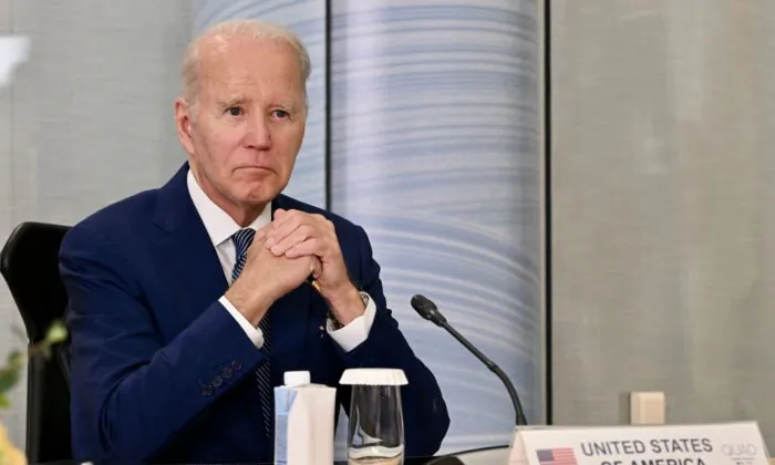 President Joe Biden attends a quad meeting with with Australia's Prime Minister Anthony Albanese, Japan's Prime Minister Fumio Kishida, and India's Prime Minister Narendra Modi on the sidelines of the G-7 Leaders' Summit in Hiroshima on May 20, 2023. (KENNY HOLSTON/POOL/AFP via Getty Images)
