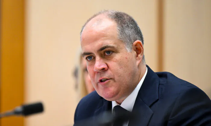 Australian Broadcasting Corporation (ABC) Managing Director David Anderson speaks during Senate Estimates at Parliament House in Canberra, Australia, on Feb. 14, 2023. (AAP Image/Lukas Coch)