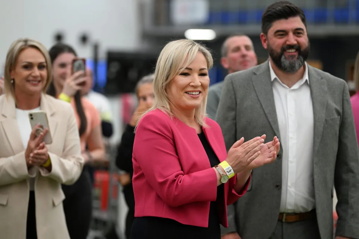 Sinn Fein northern leader Michelle O'Neill reacts with candidates and party workers as the count continues in the Northern Ireland council elections in Magherafelt, Northern Ireland, on May 19, 2023. (Charles McQuillan/Getty Images)