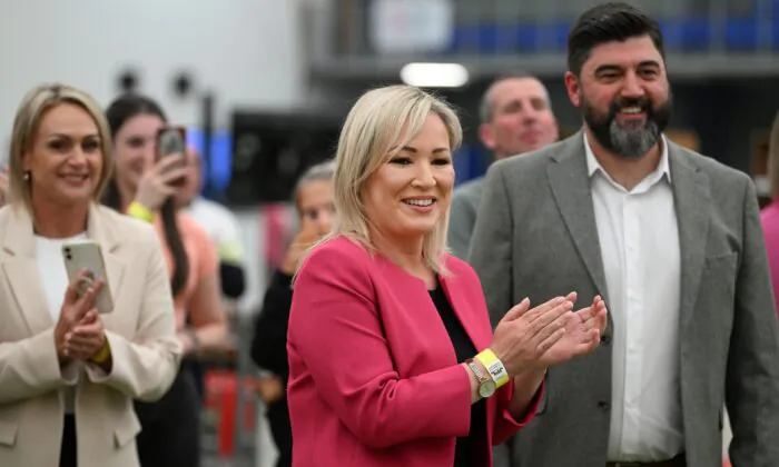Sinn Fein northern leader Michelle O'Neill reacts with candidates and party workers as the count continues in the Northern Ireland council elections in Magherafelt, Northern Ireland, on May 19, 2023. (Charles McQuillan/Getty Images)