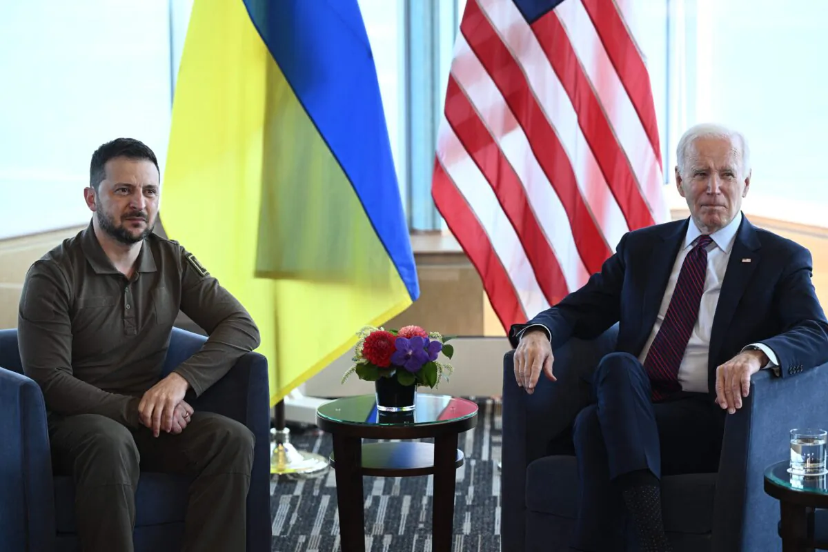 Ukraine's President Volodymyr Zelenskyy (L) and U.S. President Joe Biden take part in a bilateral meeting during the G-7 leaders summit in Hiroshima, Japan, on May 21, 2023. (Brendan Smialowski/AFP via Getty Images)