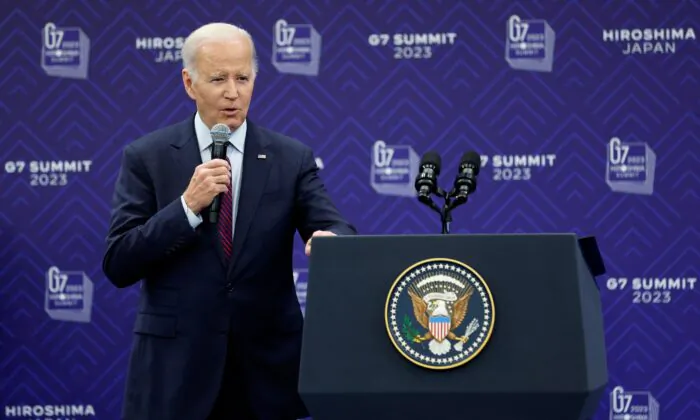 President Joe Biden speaks during a press conference following the G-7 Leaders' Summit in Hiroshima on May 21, 2023. (Kiyoshi Ota / POOL / AFP via Getty Images)