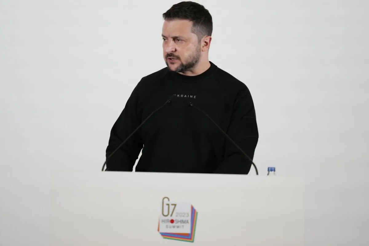 Ukrainian President Volodymyr Zelenskyy speaks during a news conference at the Group of Seven nations' summit in Hiroshima, western Japan, on May 21, 2023. (Louise Delmotte/Pool via AP)