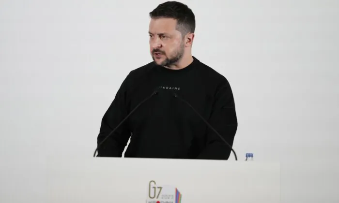 Ukrainian President Volodymyr Zelenskyy speaks during a news conference at the Group of Seven nations' summit in Hiroshima, western Japan, on May 21, 2023. (Louise Delmotte/Pool via AP)