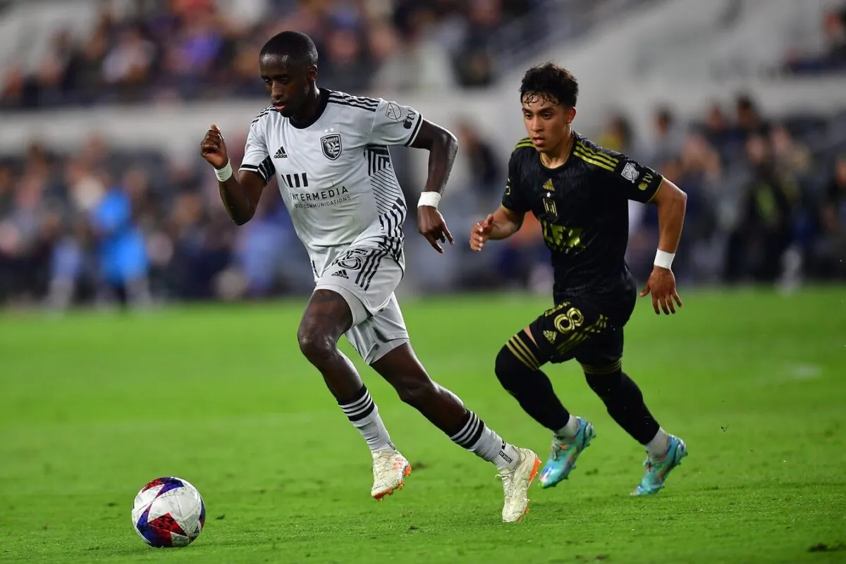 San Jose Earthquakes midfielder Jamiro Monteiro (35) controls the ball against Los Angeles FC defender Erik Duenas (18) during the first half at BMO Stadium in Los Angeles, on May 20, 2023. (Gary A. Vasquez/USA TODAY Sports via Field Level Media)