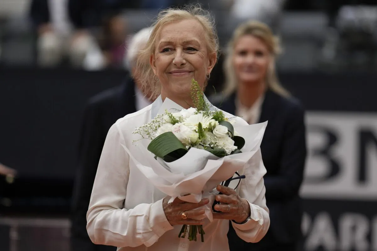 Martina Navratilova, the 18-time Grand Slam singles champion and member of the International Tennis Hall of Fame, smiles after receiving the Racchetta d'Oro (Golden Racket) award from the Italian Tennis Federation ahead of the men's final tennis match at the Italian Open tennis tournament in Rome on May 21, 2023. (Alessandra Tarantino/AP Photo)