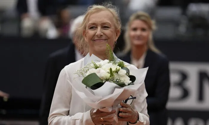 Martina Navratilova, the 18-time Grand Slam singles champion and member of the International Tennis Hall of Fame, smiles after receiving the Racchetta d'Oro (Golden Racket) award from the Italian Tennis Federation ahead of the men's final tennis match at the Italian Open tennis tournament in Rome on May 21, 2023. (Alessandra Tarantino/AP Photo)
