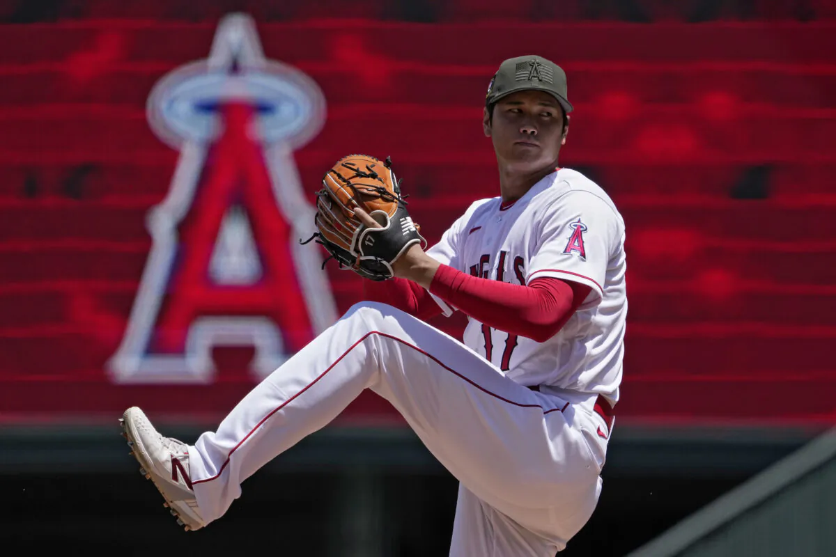 Los Angeles Angels starting pitcher Shohei Ohtani warms up prior to the second inning of a baseball game against the Minnesota Twins in Anaheim, Calif., on May 21, 2023. (Mark J. Terrill/AP Photo)