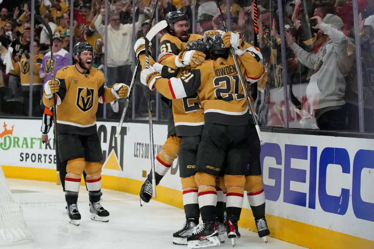 Vegas Golden Knights celebrate after Vegas Golden Knights center Chandler Stephenson (20) scored against the Dallas Stars during overtime of Game 2 of the NHL hockey Stanley Cup Western Conference finals in Las Vegas on May 21, 2023. (John Locher/AP Photo)