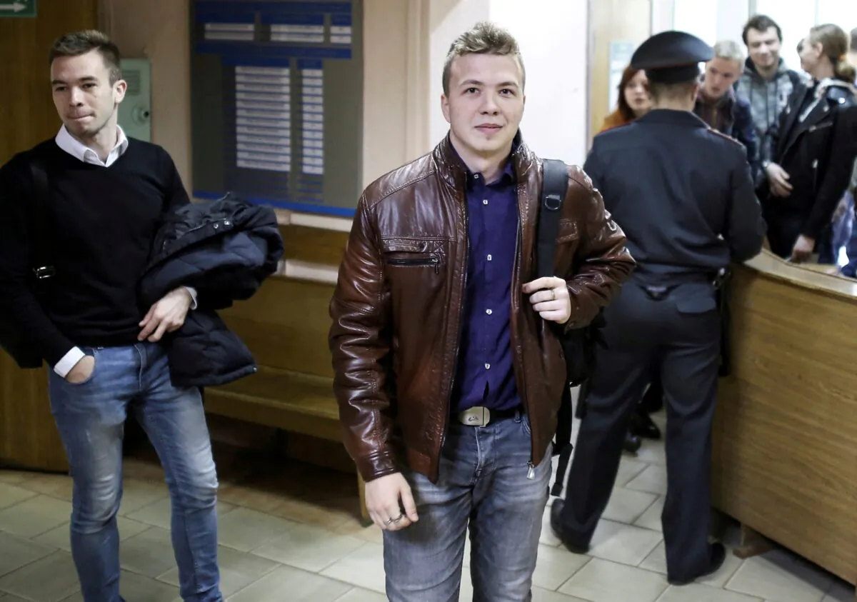 Opposition blogger and activist Roman Protasevich, who is accused of participating in an unsanctioned protest at the Kuropaty preserve, arrives for a court hearing in Minsk, Belarus, on April 10, 2017. (Stringer/Reuters)
