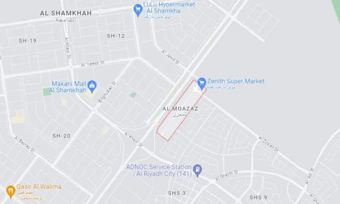 A map shows the location of Al Moazaz area, in Abu Dhabi city, United Arab Emirates, on May 22, 2023. (Google Maps/Screenshot via The Epoch Times)
