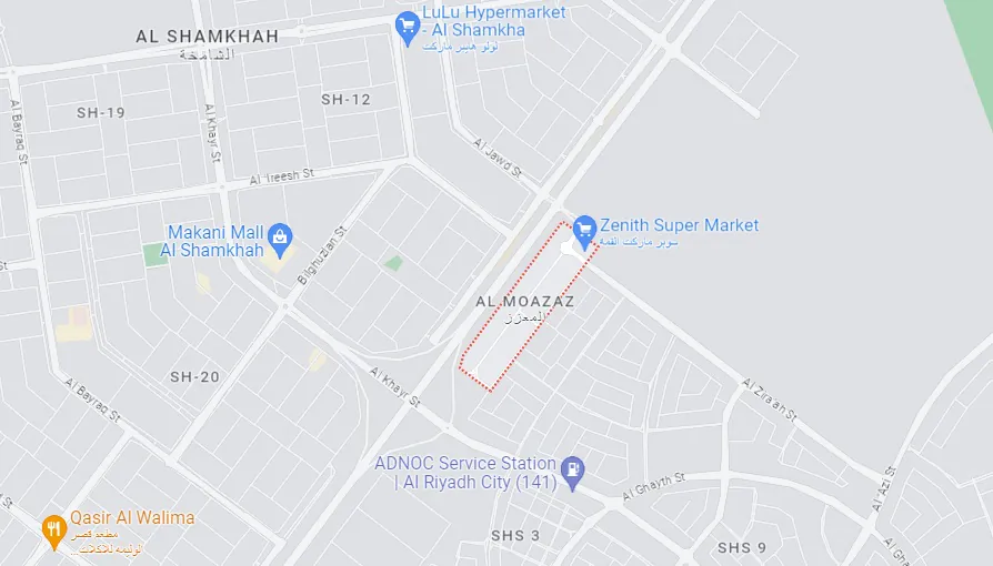 A map shows the location of Al Moazaz area, in Abu Dhabi city, United Arab Emirates, on May 22, 2023. (Google Maps/Screenshot via The Epoch Times)