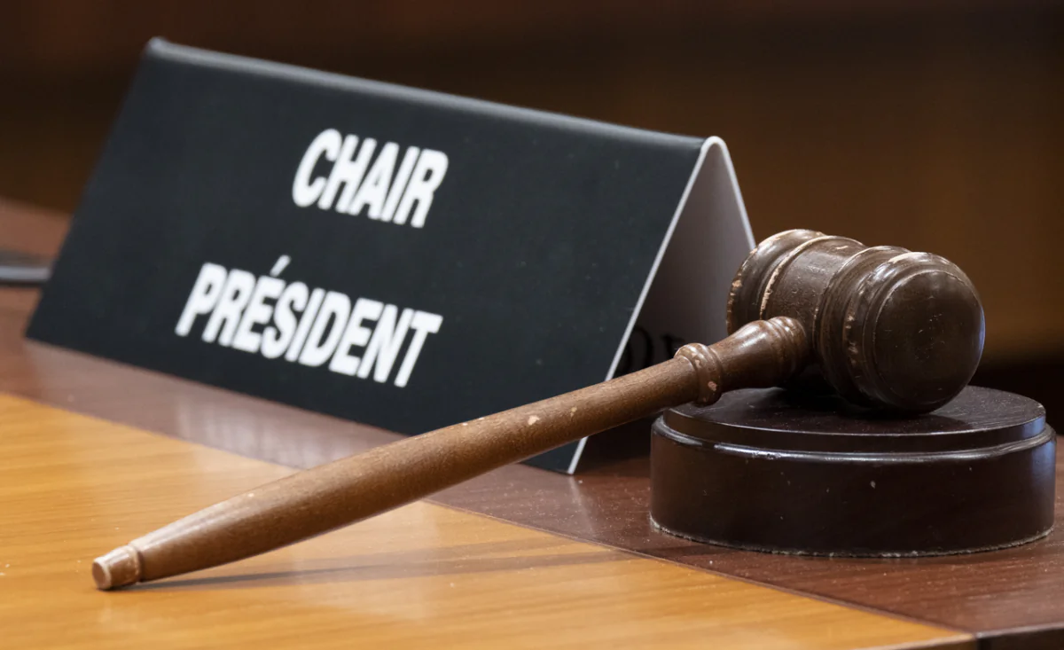 A gavel is seen ahead of a House of Commons committee meeting on Parliament Hill in Ottawa on April 11, 2022. (Adrian Wyld/The Canadian Press)