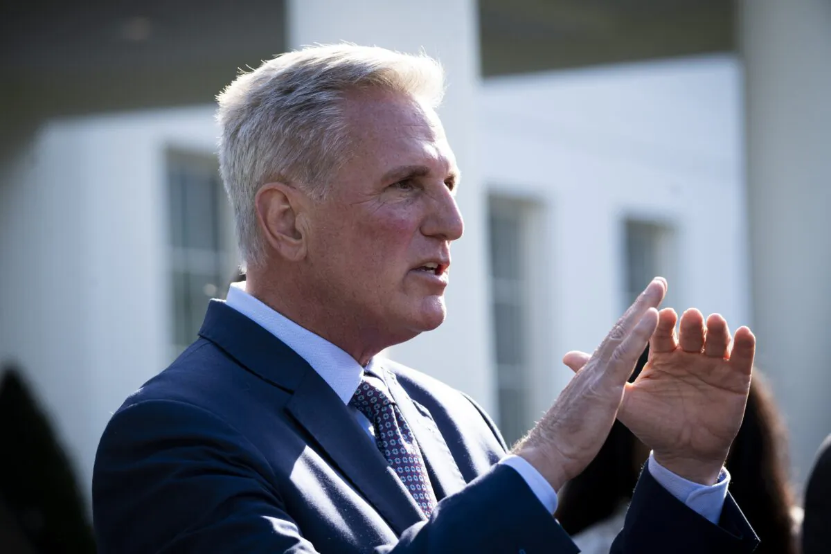 House Speaker Kevin McCarthy (R-Calif.) speaks to the press after meeting President Joe Biden and other leaders at the White House on May 9, 2023. (Madalina Vasiliu/The Epoch Times)