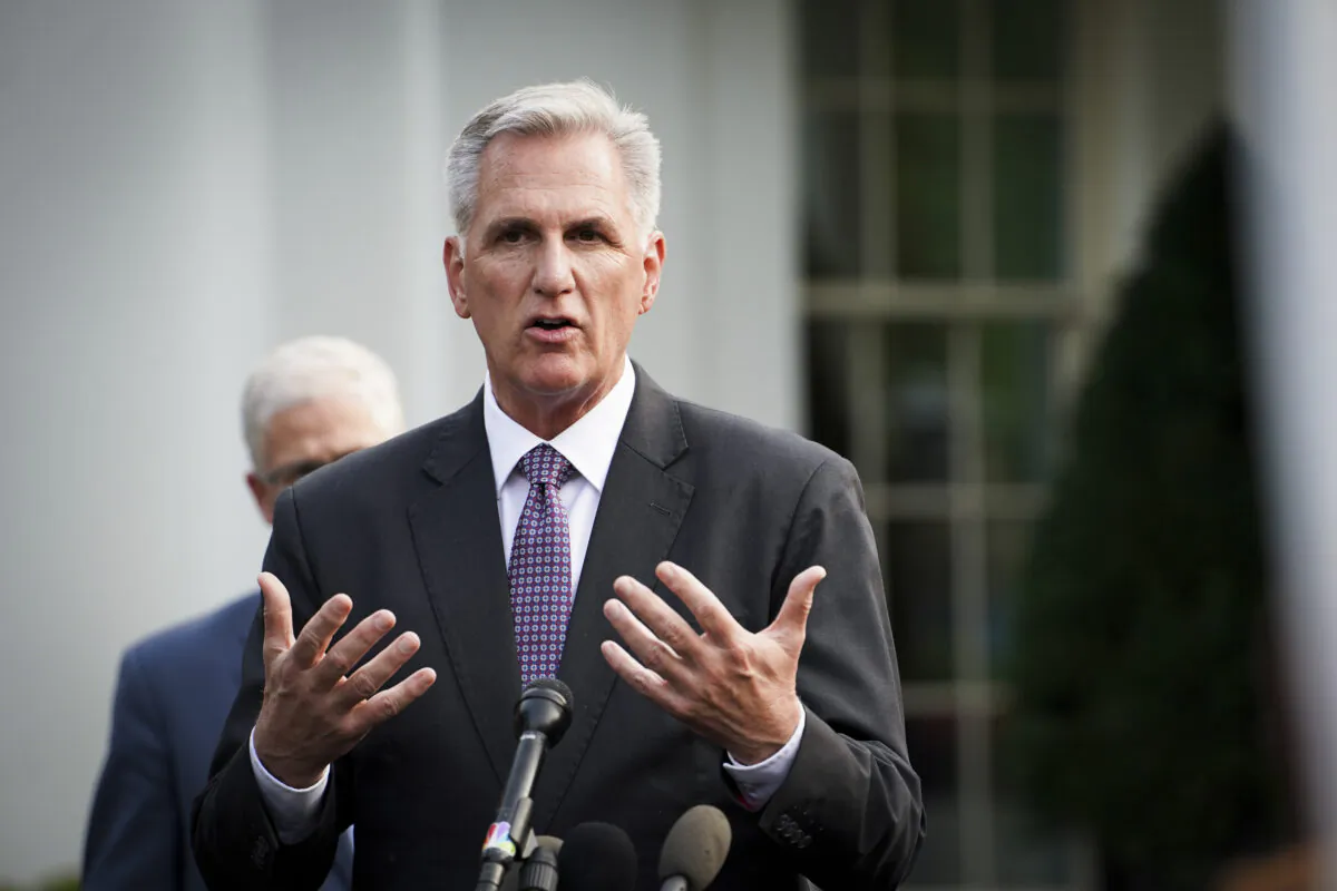 House Speaker Kevin McCarthy (R-Calif.) speaks to the press after meeting President Joe Biden to discuss the debt limit at the White House in Washington on May 22, 2023. (Madalina Vasiliu/The Epoch Times)