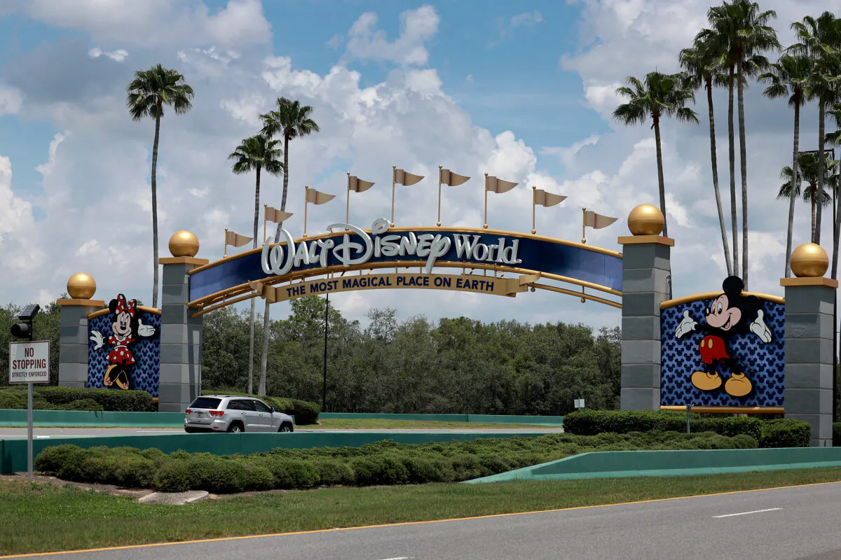 A sign near an entranceway to Walt Disney World in Orlando, Fla., on May 22, 2023. (Joe Raedle/Getty Images)