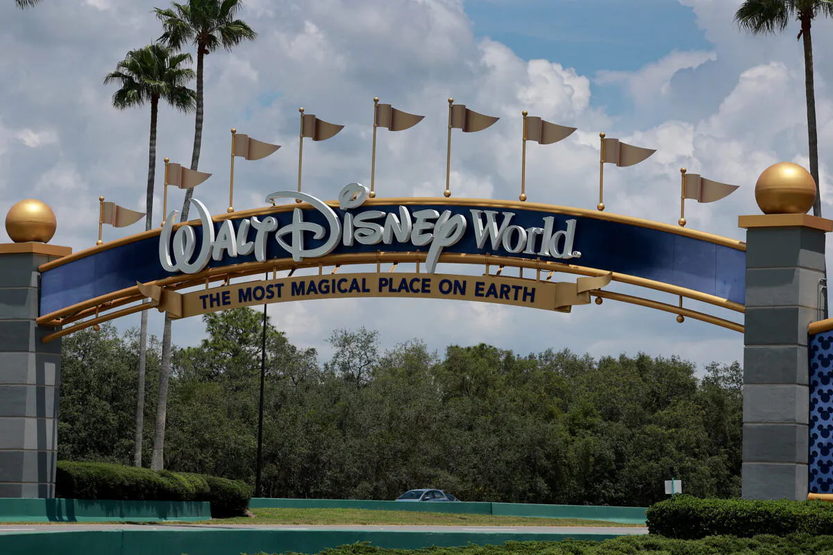 A sign near an entranceway to Walt Disney World in Orlando, Fla., on May 22, 2023. (Joe Raedle/Getty Images)