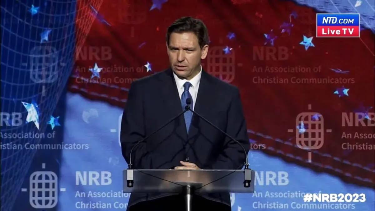 Florida Gov. Ron DeSantis delivers remarks at the 2023 NRB International Christian Media convention in Orlando, Fla., on May 22, 2023, in a still from video. (Courtesy of NRB/Screenshot via NTD)