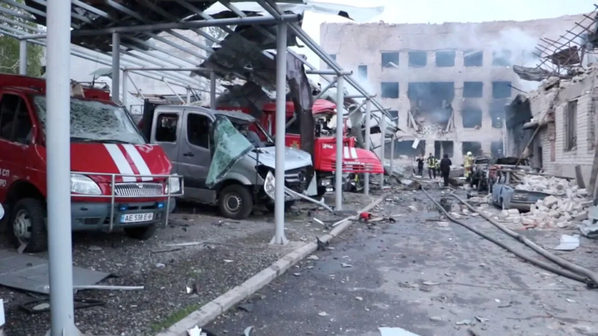 Vehicles destroyed by a Russian missile strike are seen at a damaged fire depot compound belonging to the State Emergency Service, amid Russia's ongoing invasion, in Dnipro, Ukraine, on May 22, 2023. (Press service of the State Emergency Service of Ukraine in Dnipropetrovsk region/Handout via Reuters)