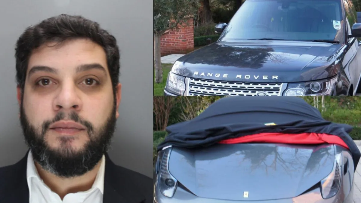 Undated image of Anthony Constantinou and two cars—a Range Rover and a Ferrari—which he bought with the proceeds of a ponzi fraud, for which he was convicted at Southwark Crown Court in London on May 22, 2023. (Metropolitan Police)