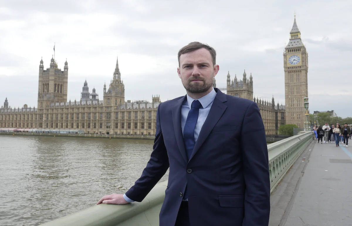 Maths teacher Joshua Sutcliffe who has been banned from teaching by the UK's Teachers Regulation Authority (TRA) after refusing to use a pupil's preferred pronouns. Sutcliffe is pictured in London on My, 22, 2023. (Christian Concern)