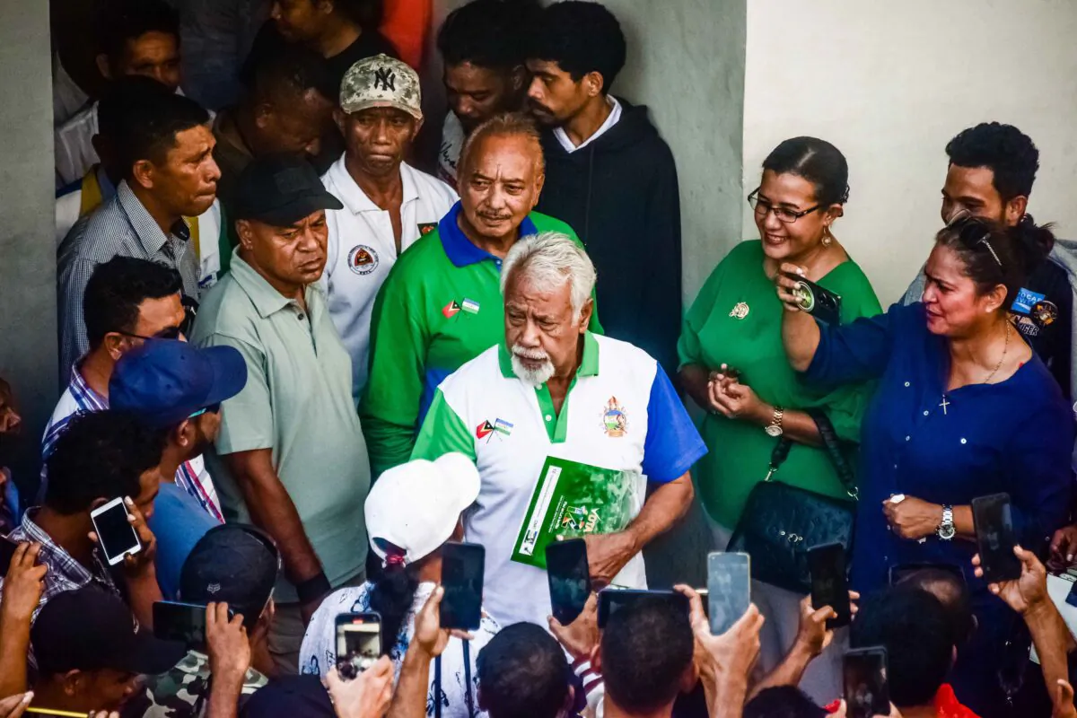 East Timor independence hero Xanana Gusmao briefs journalists during press conference in Dili on May 23, 2023. East Timor independence hero Xanana Gusmao's party won the parliamentary election but is short of an outright majority. (VALENTINO DARIEL SOUSA/AFP via Getty Images)