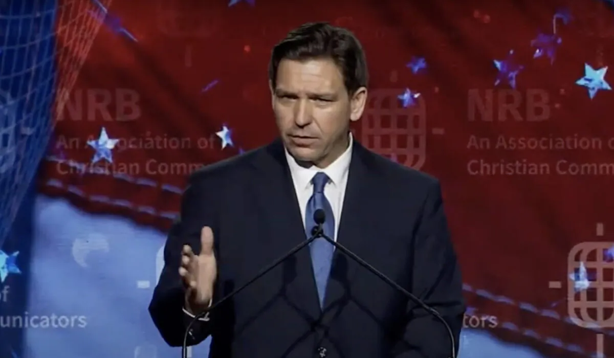 Florida Gov. Ron DeSantis delivers remarks at the 2023 NRB International Christian Media convention in Orlando, Fla., on May 22, 2023, in a still from video. (Courtesy of NRB/Screenshot via NTD)