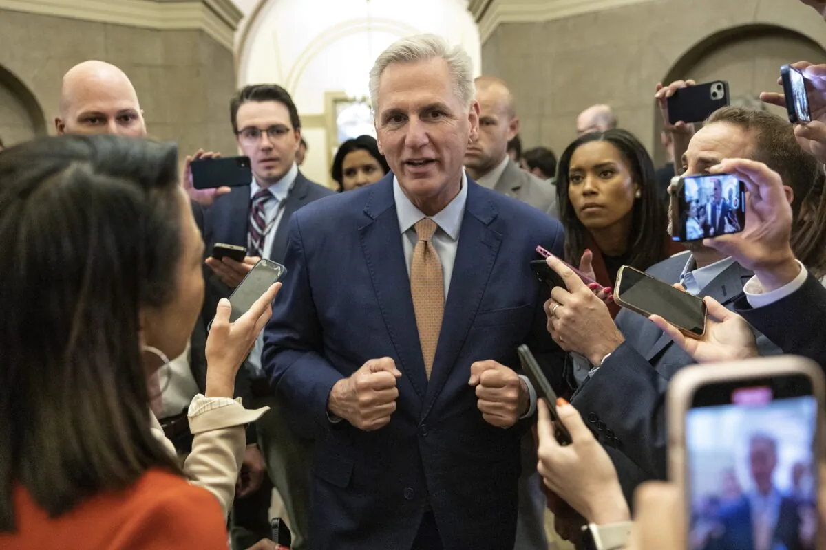 Speaker of the House Kevin McCarthy (R-Calif.) speaks to reporters as he returns from a House Republican caucus meeting at the U.S. Caption in Washington on May 23, 2023. (Kevin Dietsch/Getty Images)