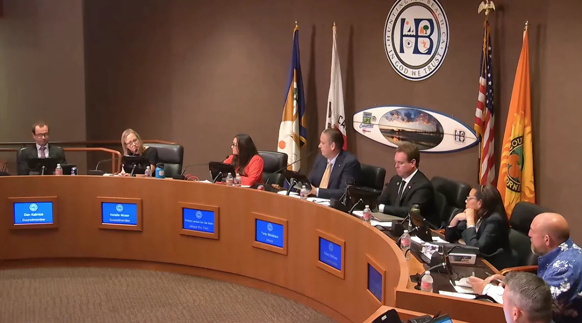 The Huntington Beach City Council voted for its mayor to select who opens its meetings with an invocation, instead of an interfaith council that has done so for decades in Huntington Beach, Calif., on May 16, 2023. (Screenshot via City of Huntington Beach)