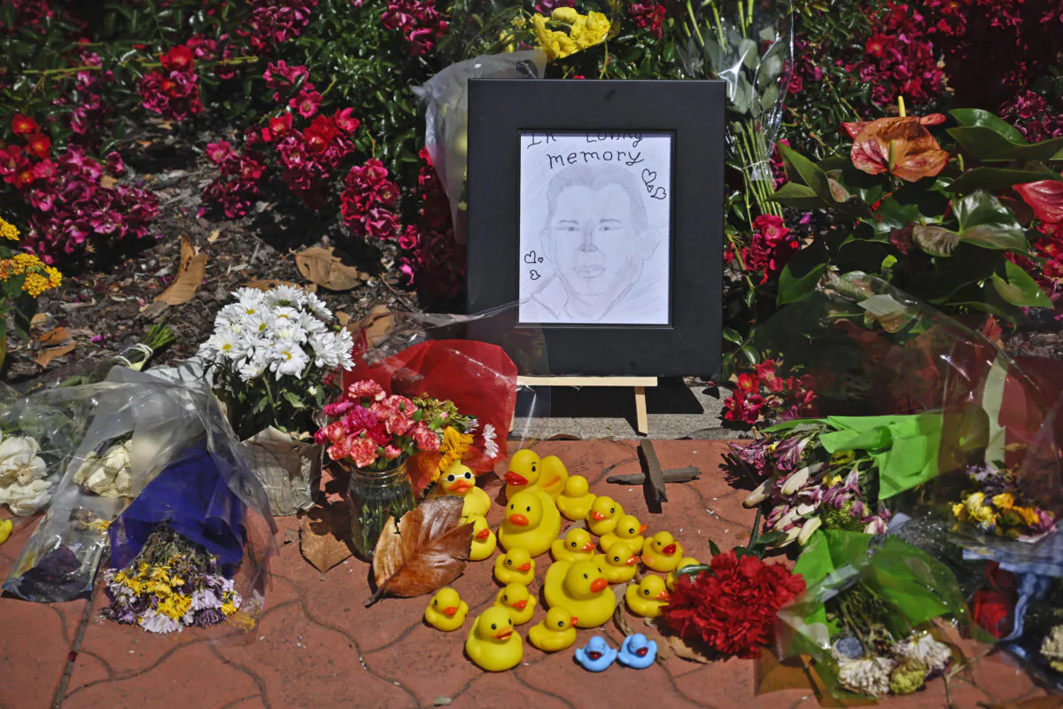 Rubber ducks are placed in a memorial for Casey Rivara that stands at the intersection of Stanford Ranch Road and Park Drive in Rocklin, Calif., on May 23, 2023. (Hector Amezcua/The Sacramento Bee via AP)