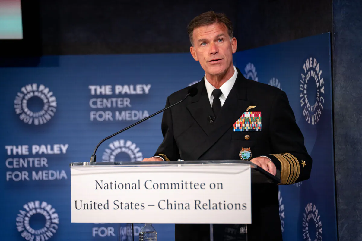 Adm. John C. Aquilino discusses U.S.–China strategic competition at the Paley Center for Media in New York City on May 23, 2023. (Samira Bouaou/The Epoch Times)