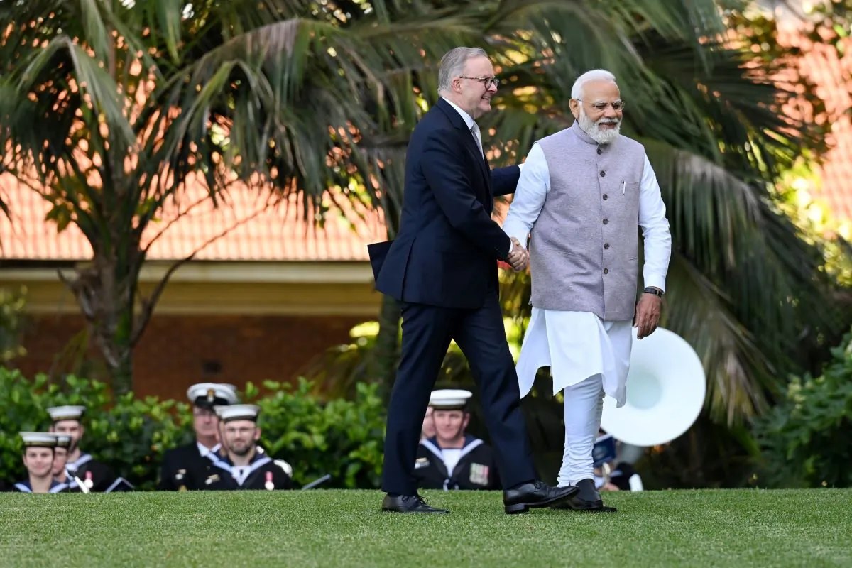 India’s Prime Minister Narendra Modi and Australian Prime Minister Anthony Albanese ahead of a bilateral meeting at Admiralty House in Sydney, Wednesday, May 24, 2023. Indian Prime Minister Narendra Modi is in Sydney for a state visit. (AAP Image/Dean Lewins)
