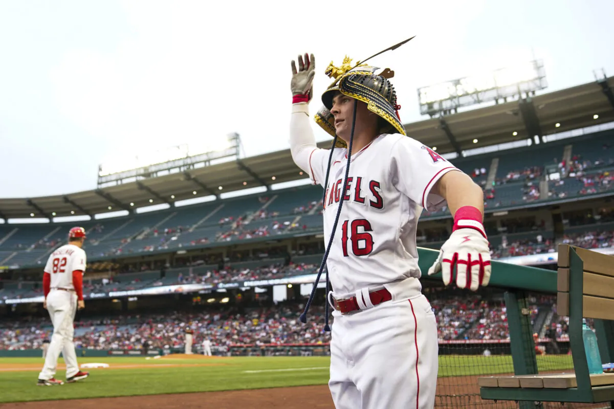 Los Angeles Angels' Mickey Moniak (16) celebrates in the dugout after hitting a home run during the first inning of a baseball game against the Boston Red Sox in Anaheim, Calif., on May 23, 2023. (Ashley Landis/AP Photo)