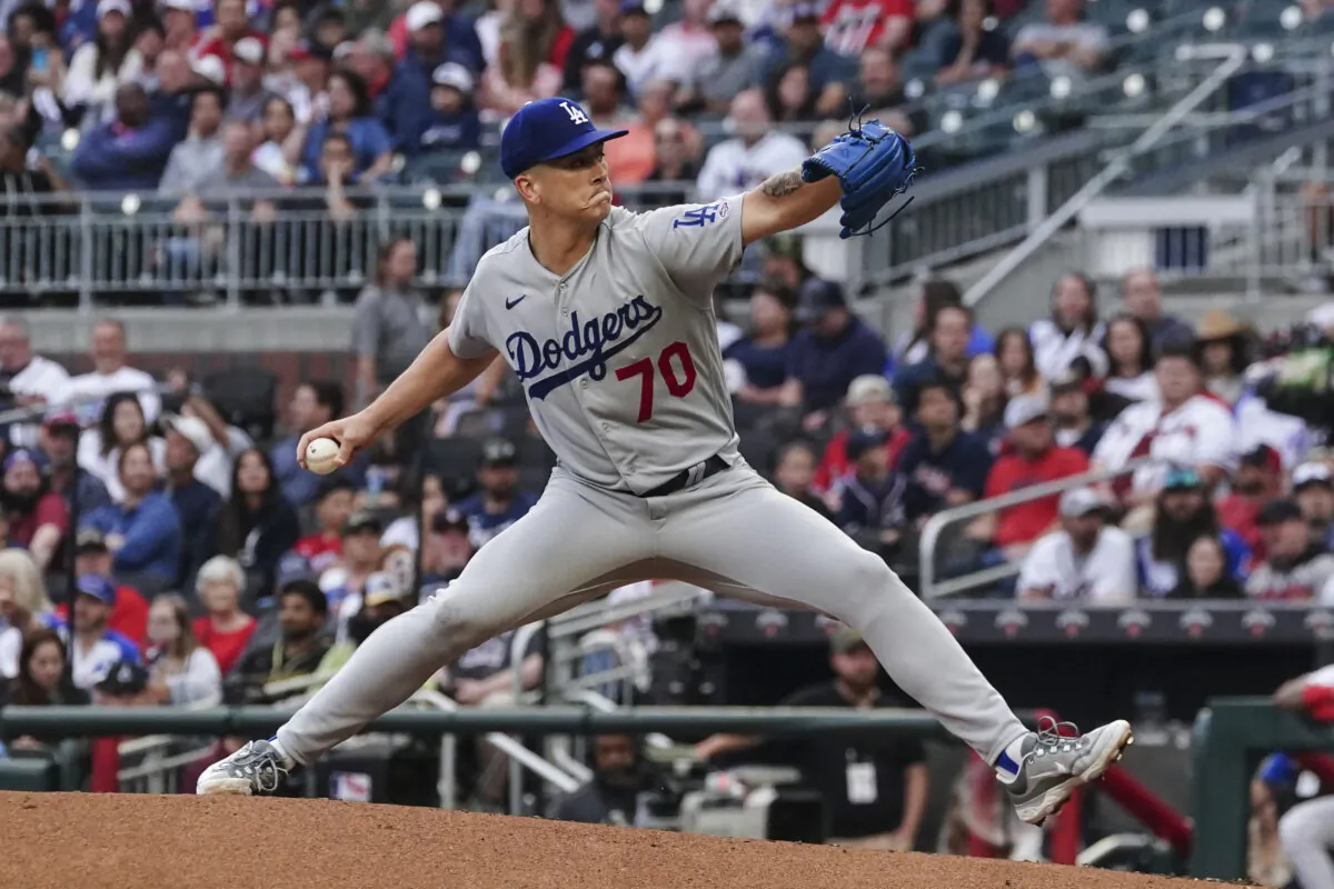 Los Angeles Dodgers rookie stating pitcher Bobby Miller works in the first inning of a baseball game against the Atlanta Braves in Atlanta on May 23, 2023. (John Bazemore/AP Photo)